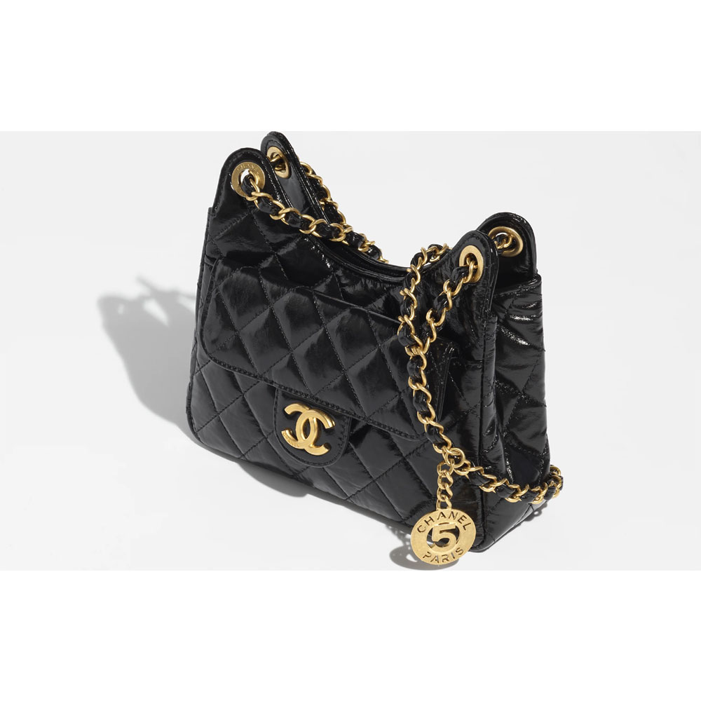 Chanel Shiny crumpled calfskin gold Black Small Hobo AS3710 B09746 94305: Image 2