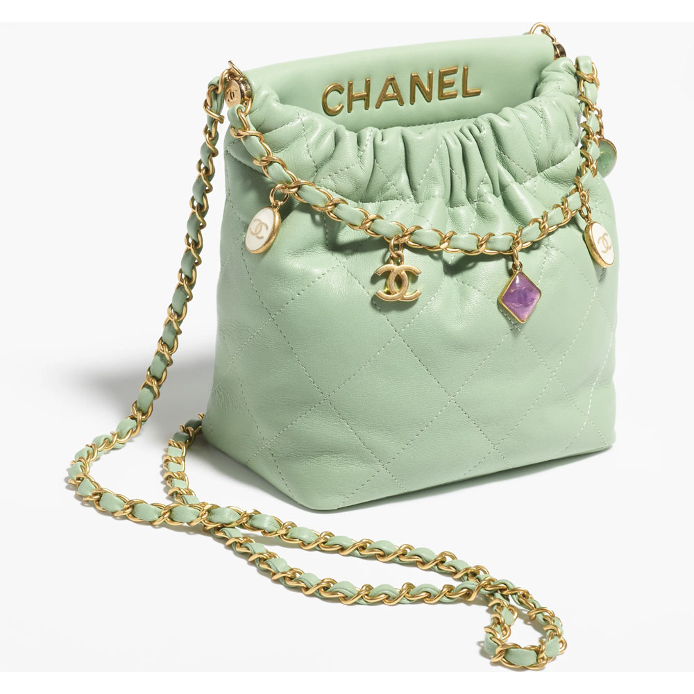 Chanel Lambskin resin gold Light Green Small Bucket Bag AS3793 B10197 NM369: Image 2