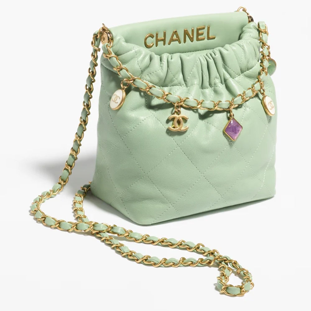 Chanel Lambskin resin gold Light Green Small Bucket Bag AS3793 B10197 NM369: Image 3