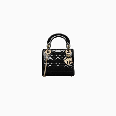 mini lady dior bag with chain in black patent cannage calfskin M0505OVRB M900