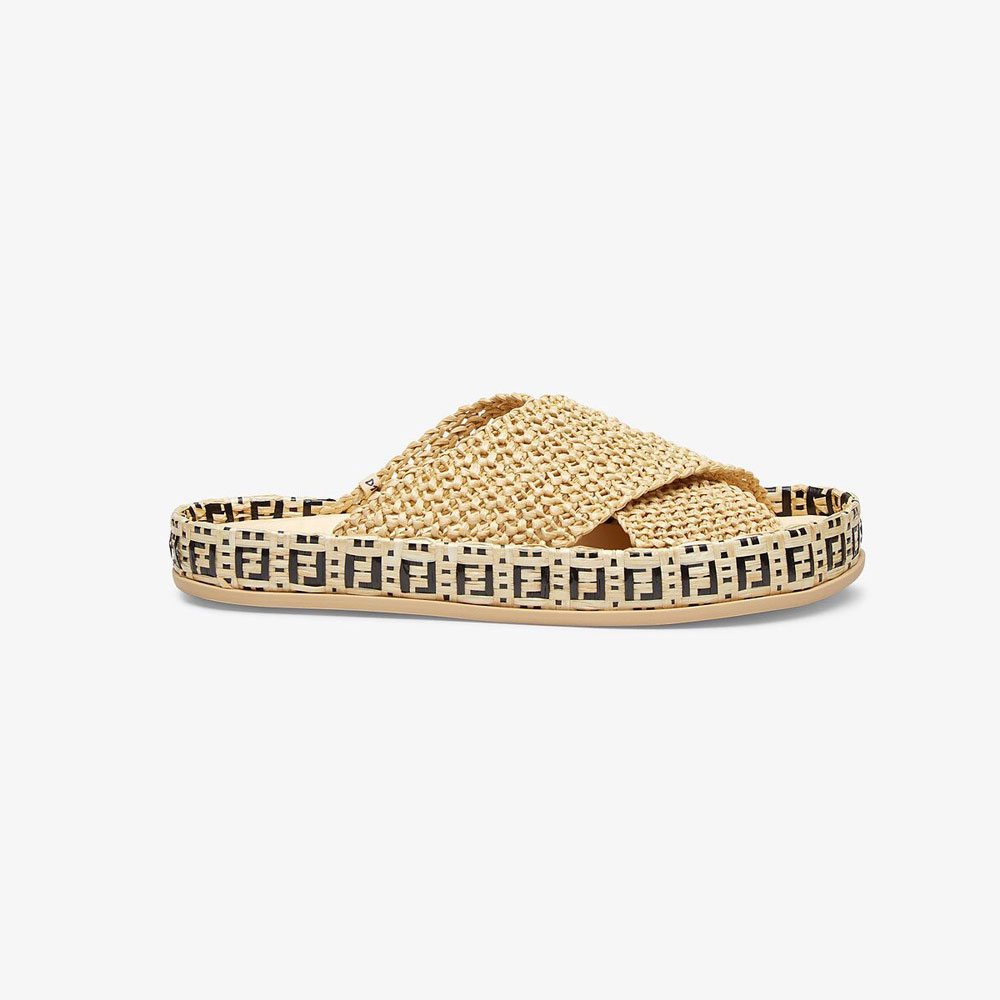 Fendi Reflections Beige Raffia Slides 8X8085 AEH0 F1D1M: Image 1