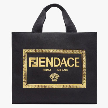 Fendi Fendace Embroidered black canvas Logo Tote 7VA558AJIAF0FQV