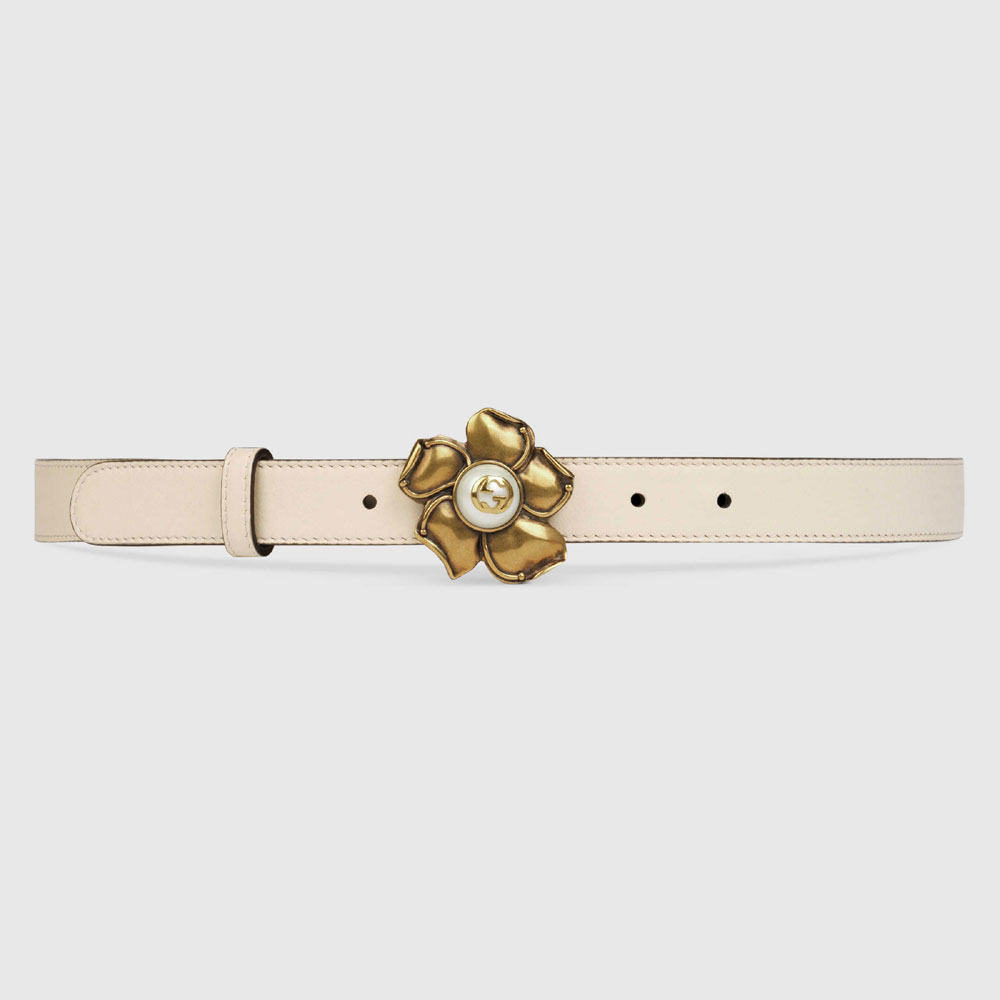 Gucci Leather belt with metal flower 431438 AP00T 9022: Image 1