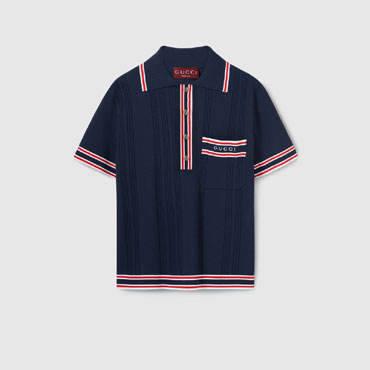 Gucci Polo Top With Striped Trim In Dark Blue 691713 XKD26 4915