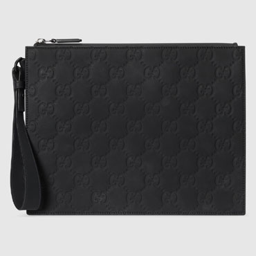 Gucci GG Rubber-effect Pouch In Black Leather 771319 AAC0G 1000