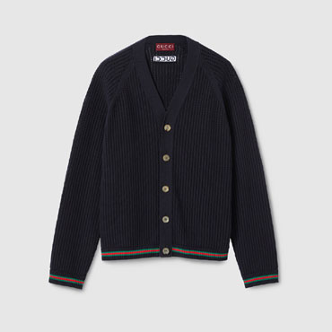 Gucci Ajour Cotton Knit Cardigan With Web In Navy 788009 XKD15 4345