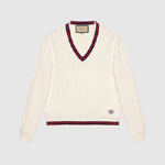 Gucci Cotton Knit V-neck Sweater With Web In Ivory 653626 XKBUR 9182