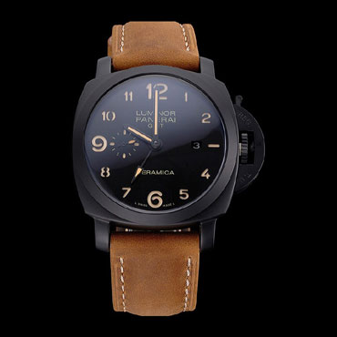 Panerai Luminor 1950 GMT Ceramica Black Dial Matte Black Case Brown Suede Leather Strap PAM6515