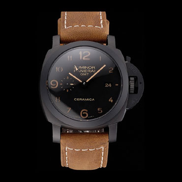 Swiss Panerai Luminor GMT Ceraica Black Dial Black Case Brown Leather Strap PAM6524