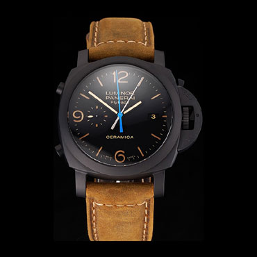 Swiss Panerai Luminor Ceramica Flyback Chronograph Black Dial Black Case Brown Strap PAM6525