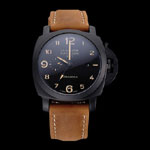 Panerai Luminor 1950 GMT Ceramica Black Dial Matte Black Case Brown Suede Leather Strap PAM6515