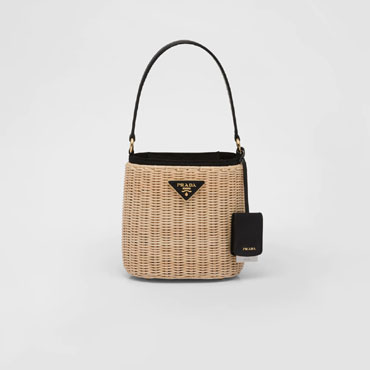 Prada Tan black Wicker and canvas bucket bag 1BE062 2E28 F0I55