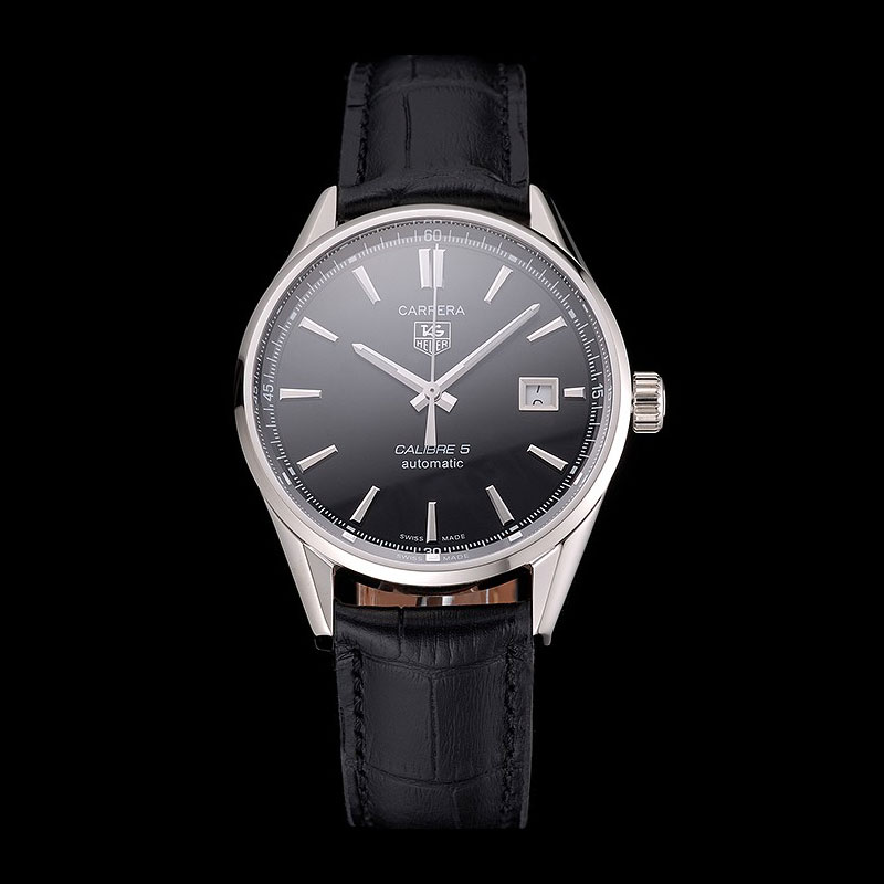 Swiss Tag Heuer Carrera Calibre 5 Black Dial Stainless Steel Case Black Leather Strap TG6711: Image 1