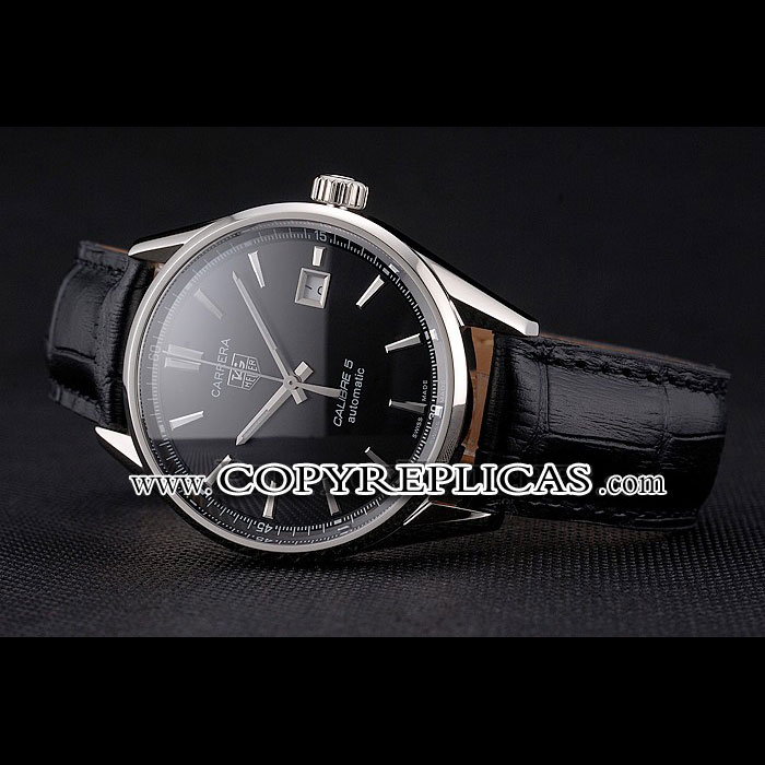 Swiss Tag Heuer Carrera Calibre 5 Black Dial Stainless Steel Case Black Leather Strap TG6711: Image 2