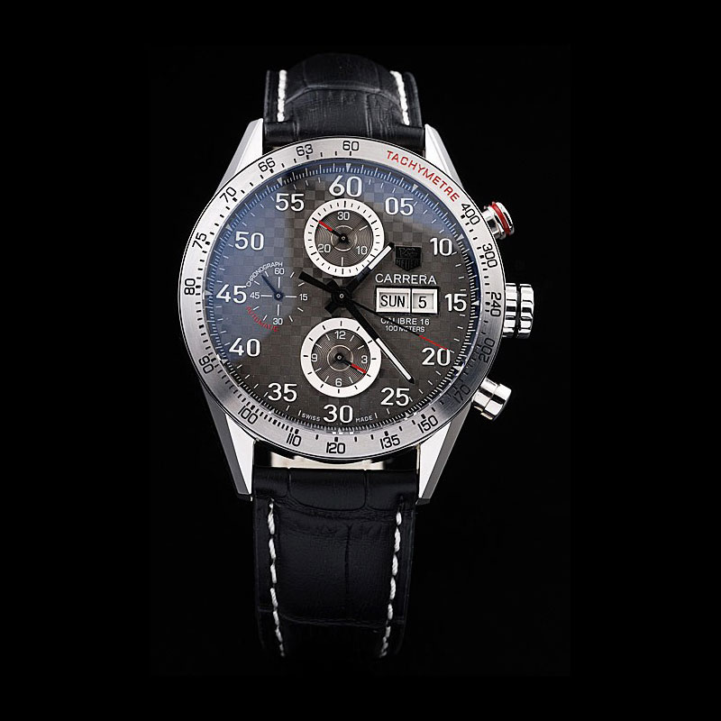 Tag Heuer Swiss Carrera Tachymeter Bezel Black Leather Strap Checkered Brown Dial TG6716: Image 1