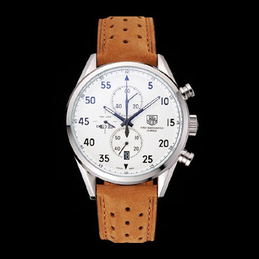 Tag Heuer Carrera SpaceX-7 White Dial Silver Stainless Steel Case Brown Suede Strap TG6673