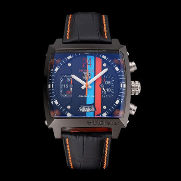 Tag Heuer Monaco Calibre 36 Blue And Orange Stripes Dial Black Leather Strap TG6710