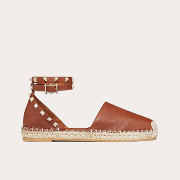 Valentino Grain Calfskin Leather Rockstud Double Flat Espadrilles RW2S0530VTOBY5