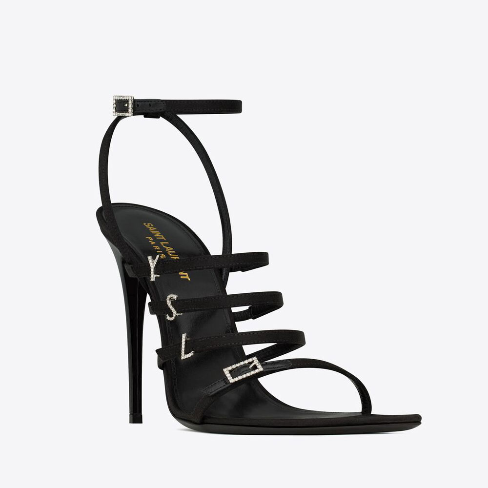 YSL Jerry Sandals In Crepe Satin And Rhinestones 742235 1UU00 1000: Image 1