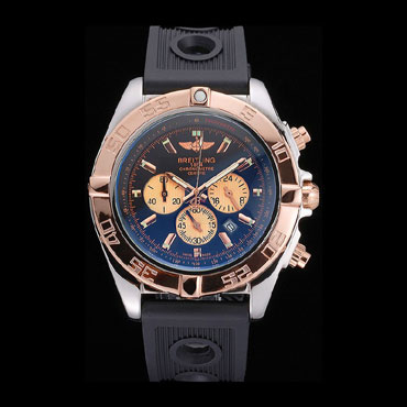 Breitling Chronomat Black Dial Rose Gold Bezel Subdials Steel Case Black Rubber Strap BL5697