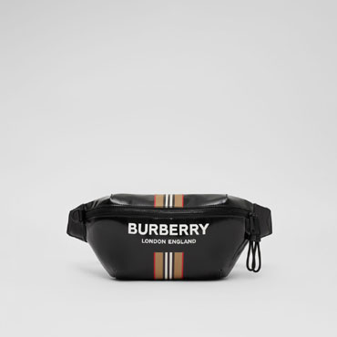 Burberry Logo and Icon Stripe Print Sonny Bum Bag in Black 80300181