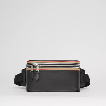 Burberry Icon Stripe Print Leather Cube Bum Bag in Black 80340081