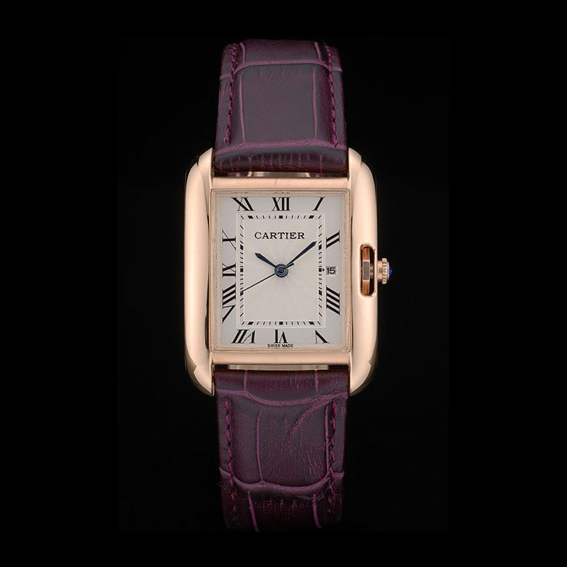 Cartier Tank Anglaise 30mm White Dial Gold Case Purple Leather Bracelet CTR6096: Image 1