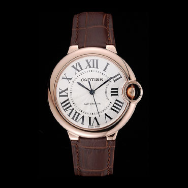 Swiss Ballon Blue De Cartier Gold Case White Dial Roman Numerals Brown Leather Bracelet CTR5890