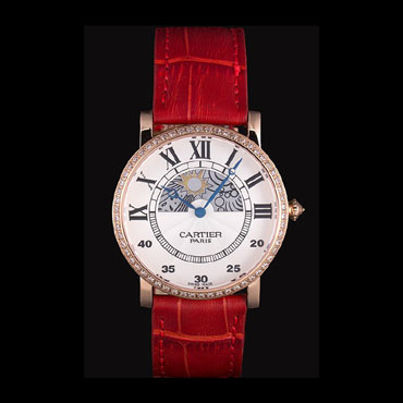 Cartier Moonphase Rose Gold Watch with Red Leather Band ct253 CTR5944