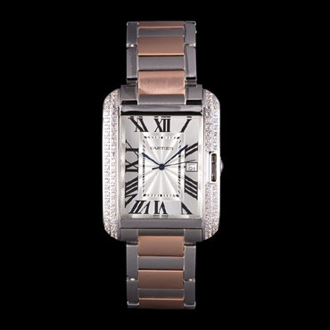 Cartier Tank Anglaise 36mm Silver Dial Diamonds Steel Case Two Tone Bracelet CTR6097