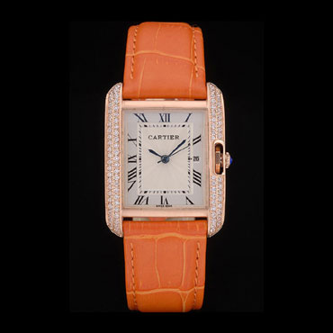 Cartier Tank Anglaise 30mm White Dial Diamonds Gold Case Orange Leather Bracelet CTR6100