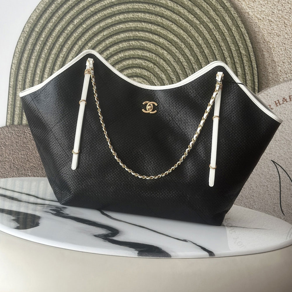 Chanel Maxi shopping bag Braided raffia calfskin gold metal AS5463 B22594 U5559: Image 1