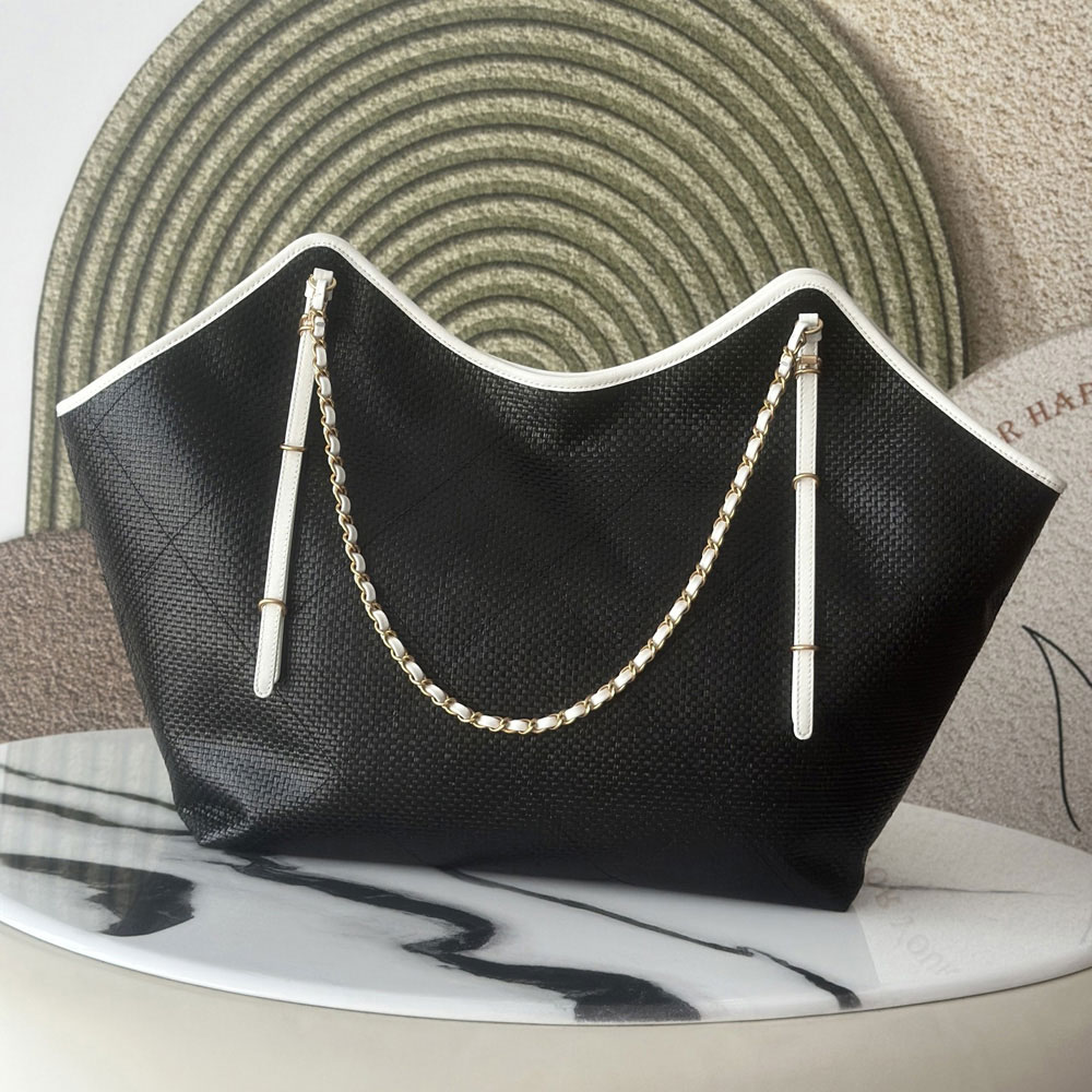 Chanel Maxi shopping bag Braided raffia calfskin gold metal AS5463 B22594 U5559: Image 2