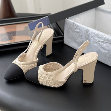 Chanel Closed Slingbacks with beige black elastic strap G31318 B23521 U7319