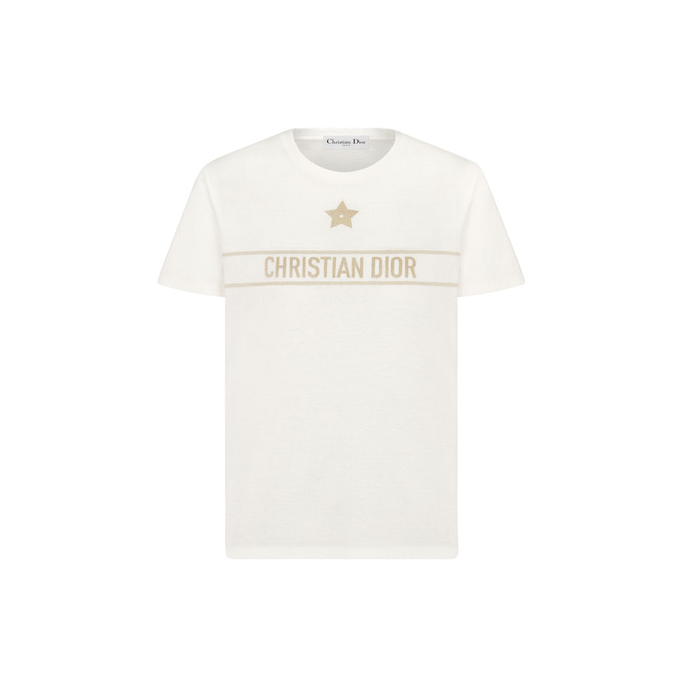 Dior Embroidered T-Shirt Ecru and Gold Tone Cotton Blend Jersey 613T06E4414 X1991: Image 1