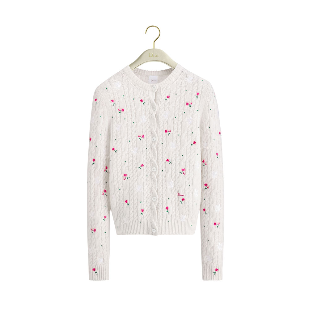 Dioramour Embroidered Cardigan Ecru Cashmere Cable Knit 624G09A0009 X0250: Image 1
