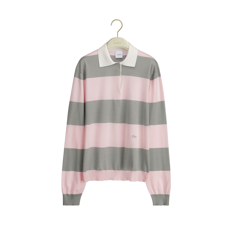Dior Mariniere Long Sleeved Polo Shirt Gray and Pink Cotton Knit 624S11A7072 X4801: Image 1