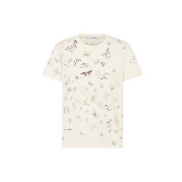 T-Shirt Beige Cotton Jersey Multicolor Dioresque Butterfly Motif 613T07A4263 X1846