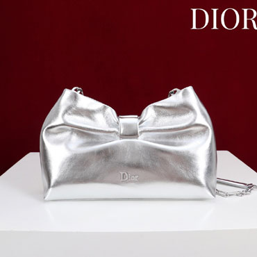 Dior Or Small Bow Bag Silver-Tone Laminated Lambskin M0715PUJW M090