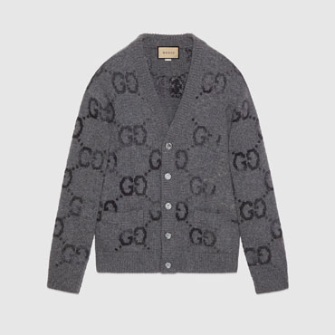 Gucci Wool Cardigan With GG Intarsia In Grey 770507 XKDSJ 1128