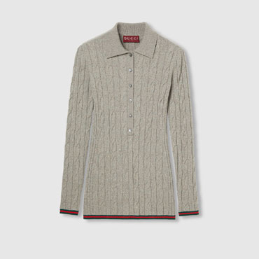 Gucci Fine Cable And Rib Wool Polo Top In Grey 803570 XKEED 1192